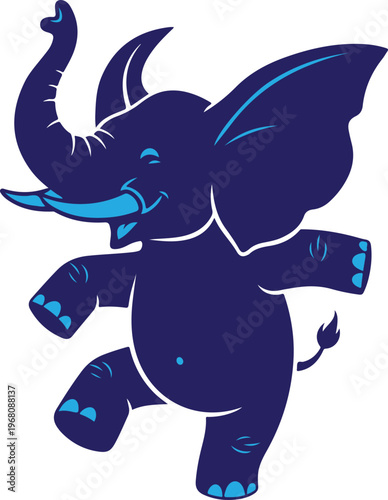 A cartoon elephant with blue accents is dancing