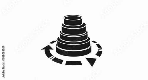 A black illustration of a conical object with arrows forming a circular motion around its base.
