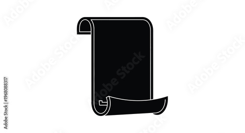 A simple black and white illustration depicting a rolled parchment or scroll with curled edges