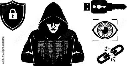 Cybersecurity hacker in hoodie with laptop binary code, digital data breach protection shield, biometric eye scanner icon, broken chain link and hardware security key.