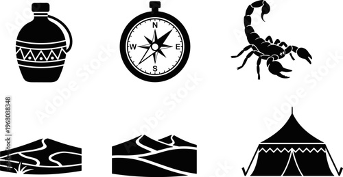 Desert Adventure Icon Set with Sand Dunes Scorpion Compass Water Jug and Bedouin Tent Silhouette Graphics for Travel Survival and Wilderness Exploration Design Elements