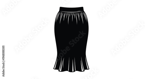 A black and white illustration depicts a fitted pencil skirt with a flared hemline detail