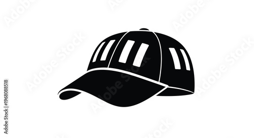 A black and white illustration of a baseball cap viewed from a slightly angled perspective