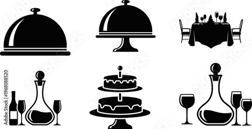 Elegant fine dining black silhouette vector collection featuring luxury restaurant elements cloche food covers tiered cake stand wine decanters glasses and formal dinner table set for high quality 