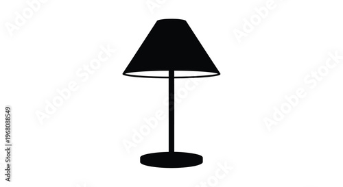 A minimalist depiction of a black table lamp with a conical shade on a white background