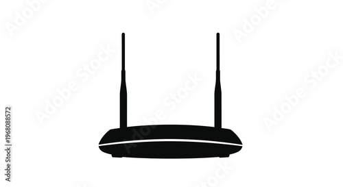 A simple black silhouette depicts a wireless router with two prominent antennas extended upwards high quality