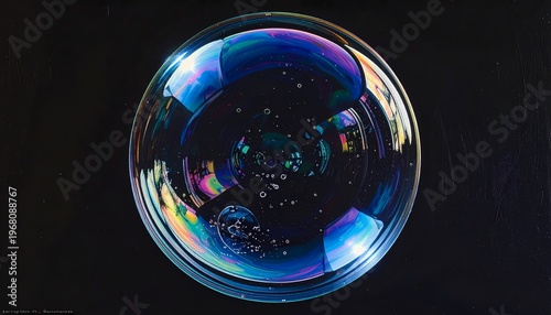Iridescent soap bubble with vibrant reflections on black background