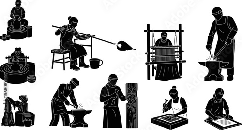 Handcrafted traditional artisan workshop collection featuring black silhouette vector illustrations of pottery making, blacksmithing, glassblowing, wood carving, weaving