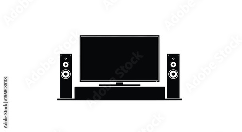 A minimalist black and white silhouette of a modern television and accompanying speaker system high quality