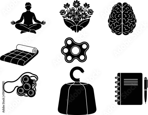 Mental health and wellness icon set featuring meditation silhouette, brain symbol, floral bouquet, yoga mat, stress relief fidget toys, journal, and weight for self-care.