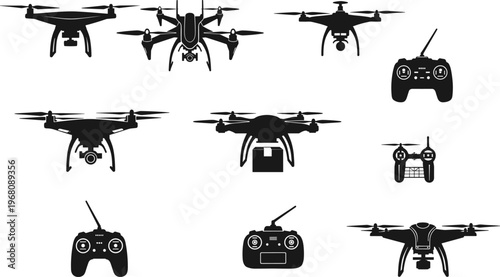 Modern aerial photography drone technology flat vector silhouette set featuring professional with high resolution cameras remote controllers and delivery transport icons for commercial industries
