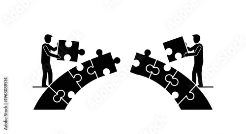 Two businessmen connect puzzle pieces in a collaborative teamwork scene outdoors.