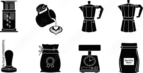 Premium coffee brewing equipment collection featuring aeropress manual maker latte art pouring moka pot espresso tamper specialty beans sack and digital scale silhouette vector