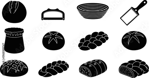 Professional black silhouette vector illustration set of artisanal bread bakery tools including sourdough loaf braided flour sack proofing basket dough scraper and knife for culinary design projects.