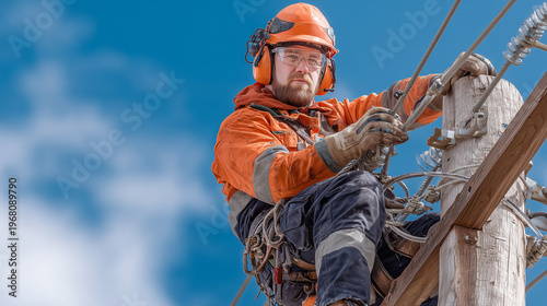 Electrical Line Worker Repairing Power Pole with Safety Gear Utility Maintenance High Voltage Infrastructure