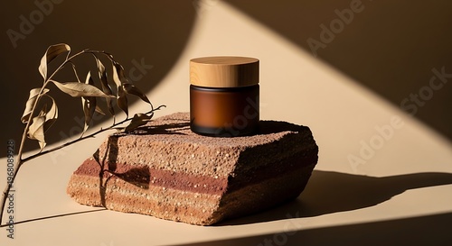 Brown glass jar with wooden lid on a stone next to dry leaf