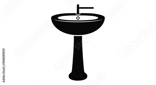 A black and white illustration depicts a pedestal sink with a single faucet isolated on white