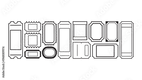 Blank ticket and label template collection for event passes, coupons, vouchers, and retail tags in outline style