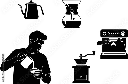 Professional Coffee Brewing Equipment Vector Set Featuring Barista Pouring Latte Art Chemex Gooseneck Kettle Espresso Machine and Manual Burr Grinder Icons for Cafe Branding