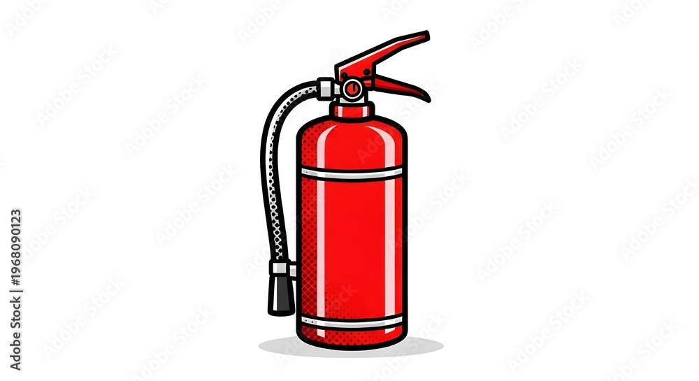 Obraz premium A professional vector illustration of a classic red fire extinguisher with a black hose and nozzle, isolated on white. High-contrast pop art style with halftone details.