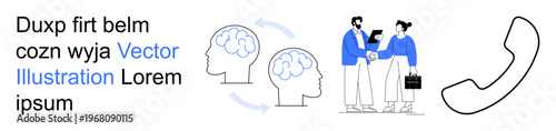 Business communication, idea sharing, collaboration, problem-solving, teamwork, workplace. Two illustrated brains with arrows, people shaking hands a phone icon. Business communication and idea