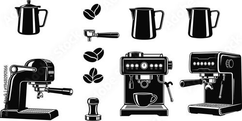 Professional coffee maker machines set with espresso brewer equipment including milk pitcher kettle coffee beans tamper portafilter and modern cafe barista tools flat black silhouette 