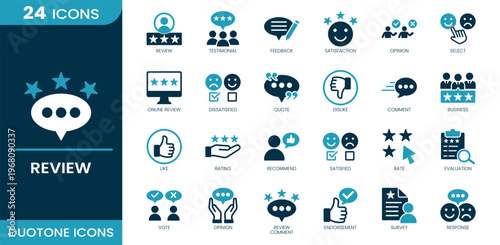 Review icon set. Rating, testimonial, review, feedback, comment, like, dislike, evaluation, satisfied, dissatisfied, recommend, opinion, survey and more. Duotone vector icons collection.