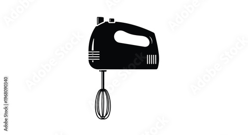 A black silhouette illustration depicts a hand held electric mixer with beaters attached high quality professional