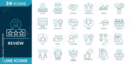 Review icon set. Review, feedback, rating, testimonial, comment, like, dislike, satisfied, dissatisfied, recommend, survey, evaluation, opinion and more. Line vector icons collection.