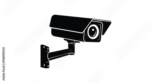 A simplified black and white illustration depicts a security camera mounted on a wall bracket