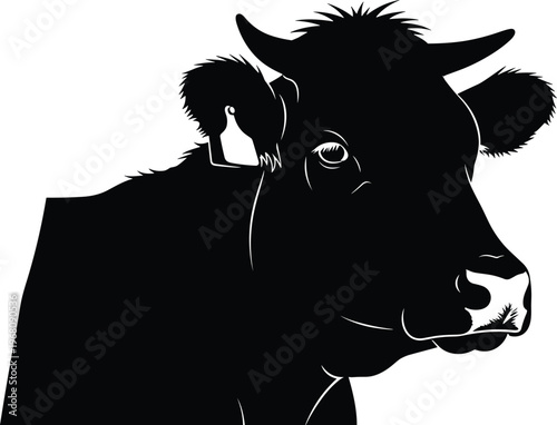 Black and white cow head silhouette illustration with ear tag, stylized farm animal artwork for agriculture and dairy industry