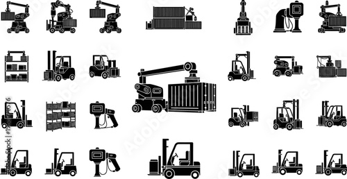Vector Set of Industrial Logistics Icons Featuring Forklifts Reach Stackers Container Handlers and Warehouse Equipment for Shipping Cargo and Distribution Industry Graphic Design Elements