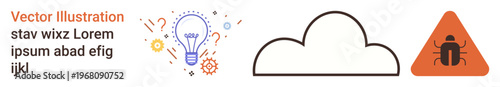 Technology solutions, innovation, cloud computing, cybersecurity risks, problem analysis, data protection. Light bulb, cloud bug warning sign visual. Innovation and cybersecurity concepts