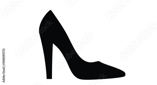 A minimalist silhouette of a black high heeled shoe isolated on a stark white background