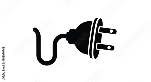 A simple black and white illustration depicts a standard electrical plug with a curved cable