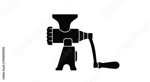A minimalist black and white illustration depicts a vintage manual meat grinder side view high quality