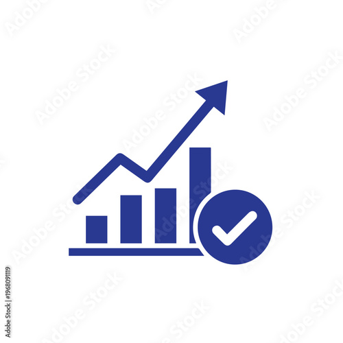 Blue graphic of bar chart with upward moving arrow and check indicates positive financial performance.