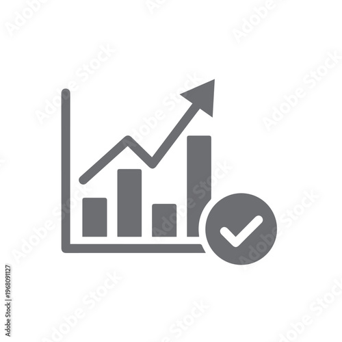 Grey scale bar chart displaying upward trend with a completed checkmark represents positive outcomes.