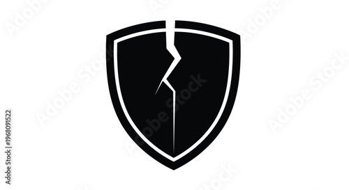 A stark black shield illustration features a prominent cracked design symbolizing damage or vulnerability high quality