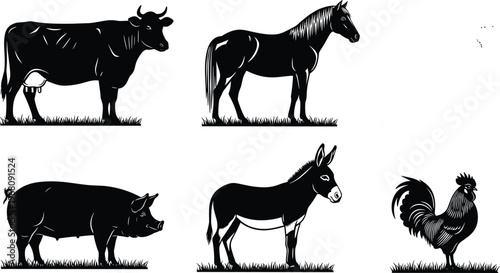 Black and white farm animal silhouettes including cow, horse, pig, donkey, and rooster standing on grass illustration