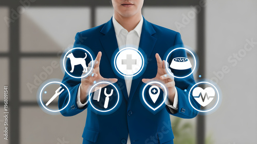 Businessman in blue suit presenting digital icons for pet care services including veterinarian medical cross dog silhouette food bowl and grooming.