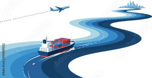 Global logistics and shipping routes illustrated with cargo ship, airplane, and cityscape on blue waves