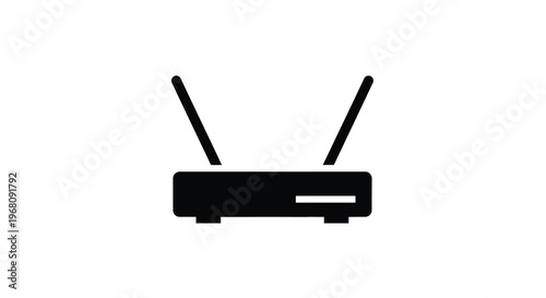 A simple black and white icon depicting a wireless router with two raised antennas high quality