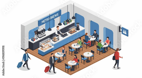 Isometric view of a busy cafe with people enjoying coffee and snacks.
