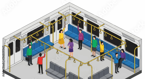 Isometric view of people inside a subway train carriage.