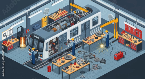 Train maintenance workshop with workers repairing a subway car.