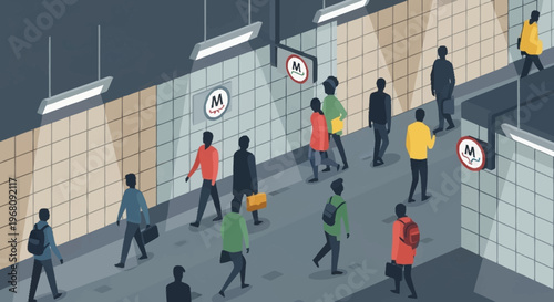 Diverse group of people walking in a subway station.