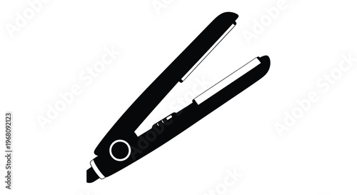 A black and white silhouette depicting a modern hair straightening iron angled diagonally high quality professional