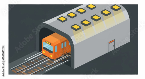 Orange Subway Train Entering a Modern Tunnel Station.