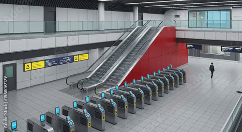 Modern Subway Station Escalator and Turnstiles.